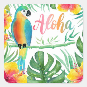 Sticker Carré Aloha Palmiers Hibiscus Perroquet Tropical 