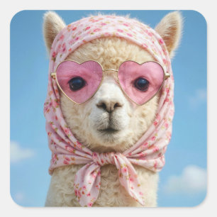 Sticker Carré Alpaca portant un foulard et des lunettes de solei