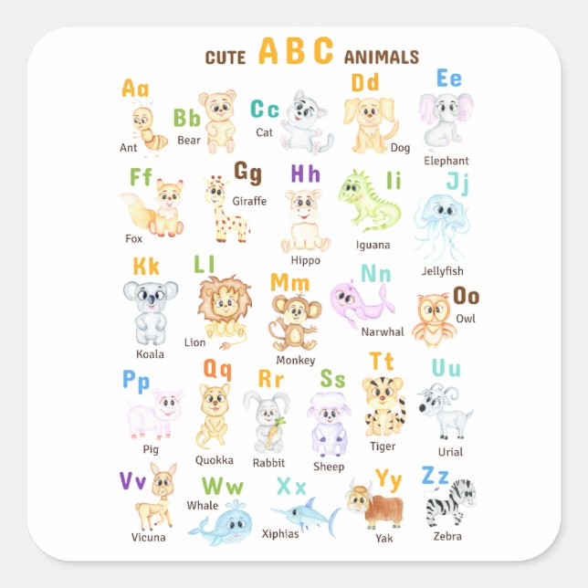 Sticker Carré Alphabet Animal ABC Mets animaux (Devant)