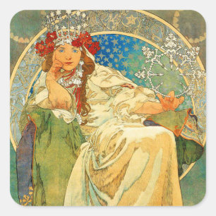 Sticker Carré Alphonse Mucha Art Nouveau Princesse Hyacinth