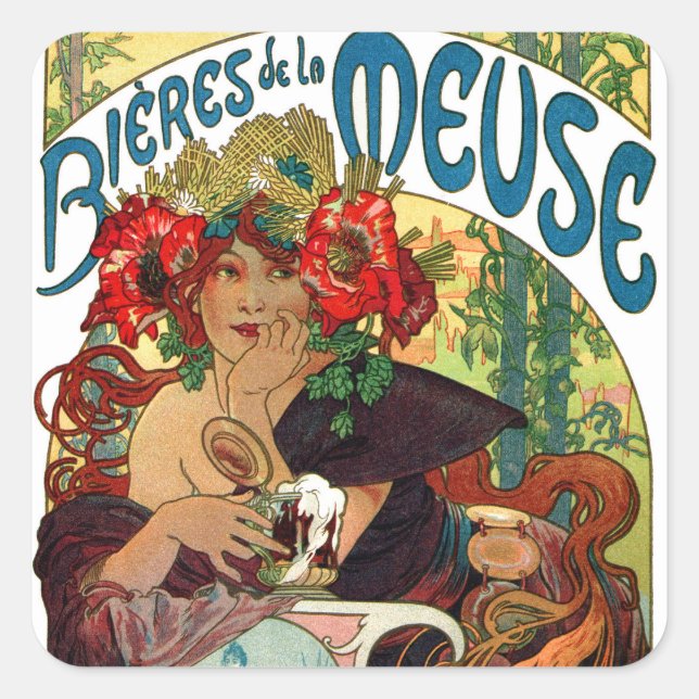 Sticker Carré Alphonse Mucha Bieres De La Meuse (Devant)