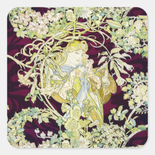 Sticker Carré Alphonse Mucha Femme au marguerite Art nouveau Art