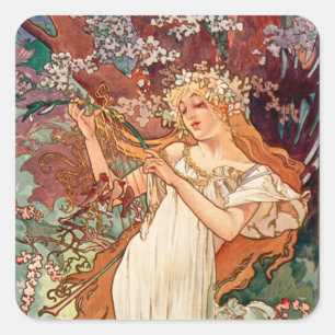 Sticker Carré Alphonse Mucha, Les Saisons (1896) Printemps