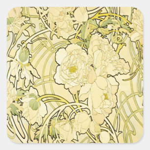 Sticker Carré Alphonse Mucha Pivoines Motif Floral Art Nouveau