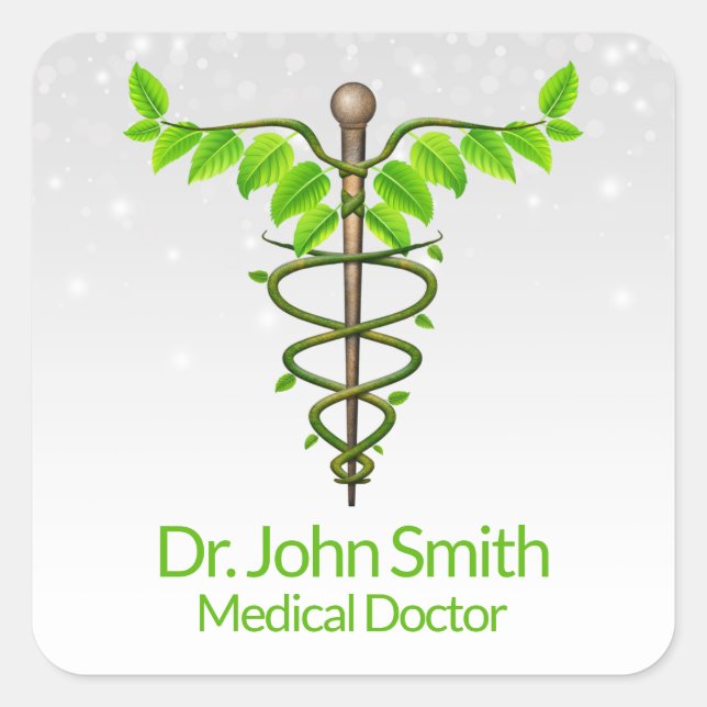 Sticker Carré Alternative Médicale Caduceus Vert Feuilles Blanc (Devant)