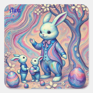 Sticker Carré ALVA ~ EASTER BUNNY et ses enfants ~