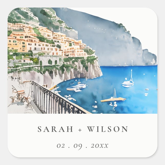 Sticker Carré Amalfi Coast Italie Aquarelle Mariage Paysage (Devant)