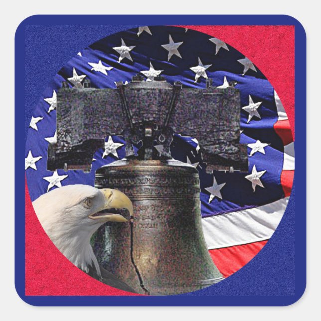 Sticker Carré American Bald Eagle, Bell et drapeau (Devant)