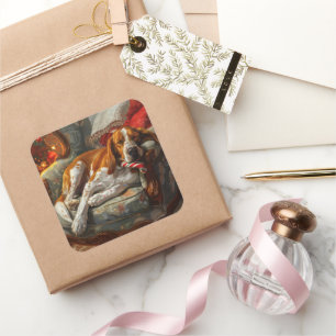 Sticker Carré American English Foxhound Chien Festif de Noël