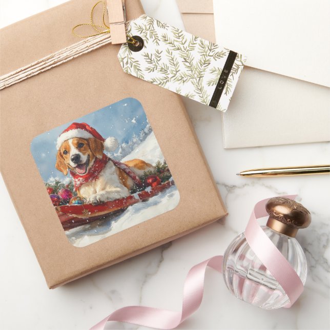 Sticker Carré American English Foxhound in Sledge Christmas (Cadeaux)