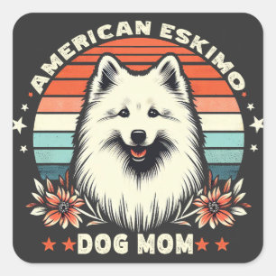 Sticker Carré American Eskimo Chien Maman en Vintage Sérénité
