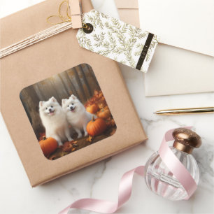 Sticker Carré American Eskimo Chiot Automne Citrouille délice