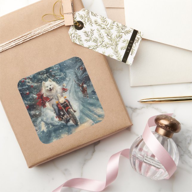 Sticker Carré American Eskimo Dog équitation moto Noël (Cadeaux)