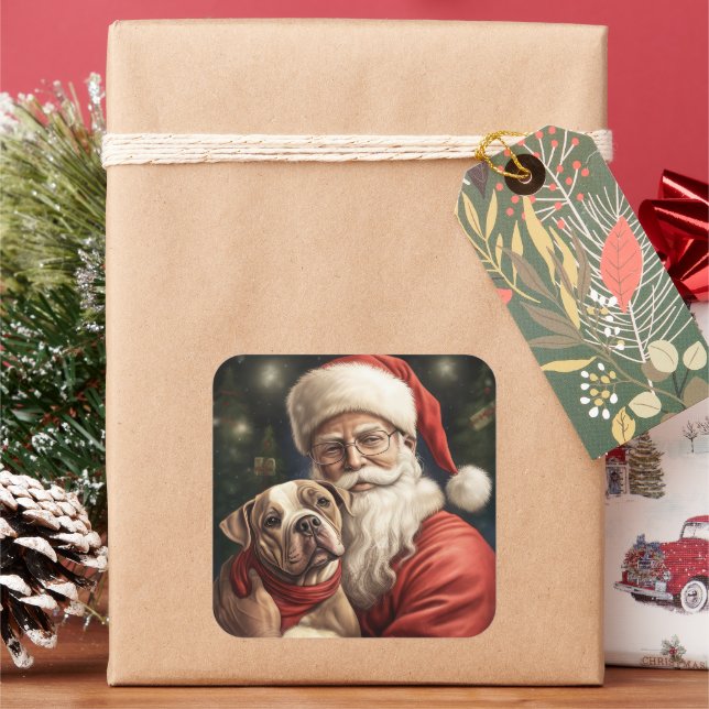Sticker Carré American Staffordshire avec Noël au Père Noël (vacances)