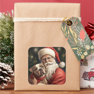 Sticker Carré American Staffordshire avec Noël au Père Noël