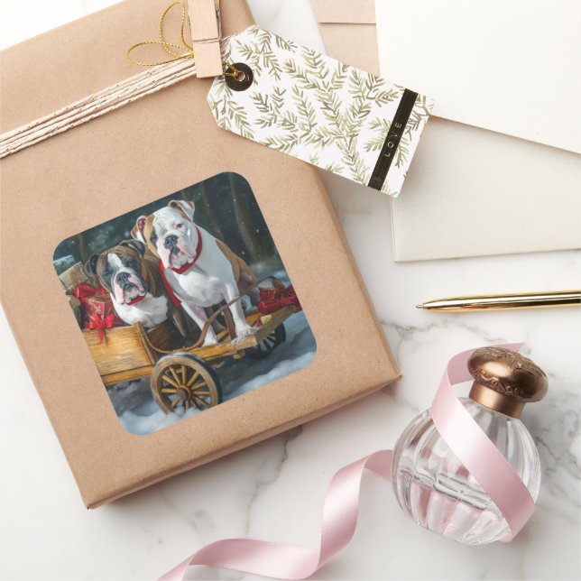 Sticker Carré American Staffordshire Snowy Sleigh Noël (Cadeaux)