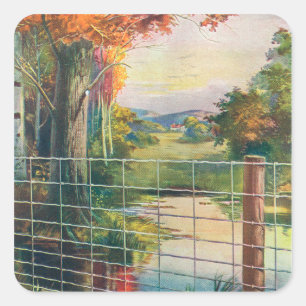 Sticker Carré American Steel & Wire Co Fence Road Scene