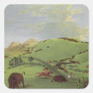 Sticker Carré Amérindiens d'époque, Poursuite du bison par Catli