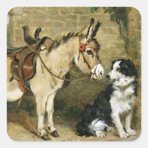Sticker Carré Amis animaux chiens et ânes - Art Vintage par Emms
