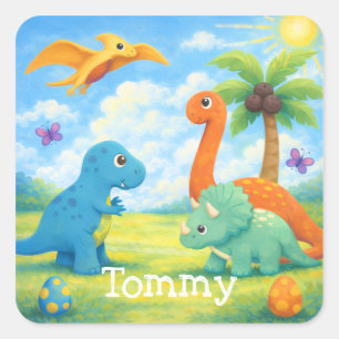 Sticker Carré Amis Dinosaures Colorés Mignons Enfants