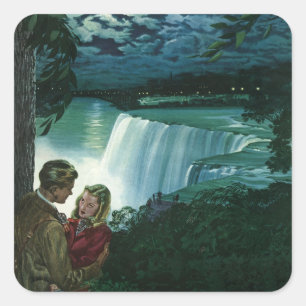 Sticker Carré Amour de lune de miel vintage, jeunes mariés aux c