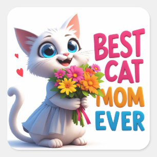 Sticker Carré Amour de Maman Chat Avec Fleurs Et Cœurs 🐱