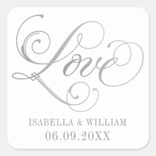 Sticker Carré Amour en argent Élégant Script Mariage Monogramme