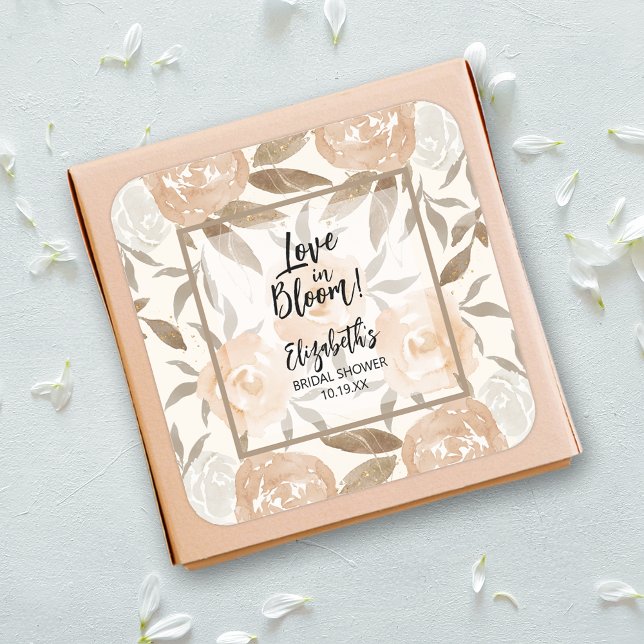 Sticker Carré Amour en Fleur Floral de Pêche (Love in Bloom Peach Floral Square 3 inch Stickers)