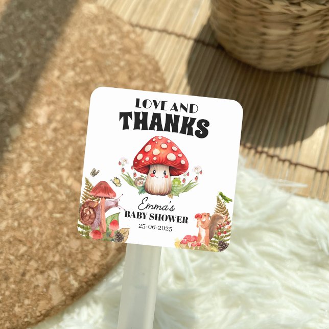 Sticker Carré Amour et Merci Baby shower de la teigne des champi (Love and Thanks Fungi Mushroom Moth Baby Shower )