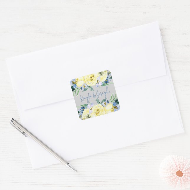 Sticker Carré Amour florissant Bleu Jaune Mariage Floral (Enveloppe)