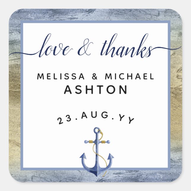 Sticker Carré Amour & Merci #Nautical Blue & Gold #Wedding Favor (Devant)