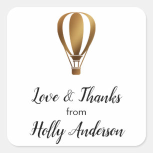 Sticker Carré Amour & Merci Smooth Gold Hot Air Balloon avec nom