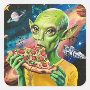 Sticker Carré Amusant Alien dans l'espace manger de la pizza