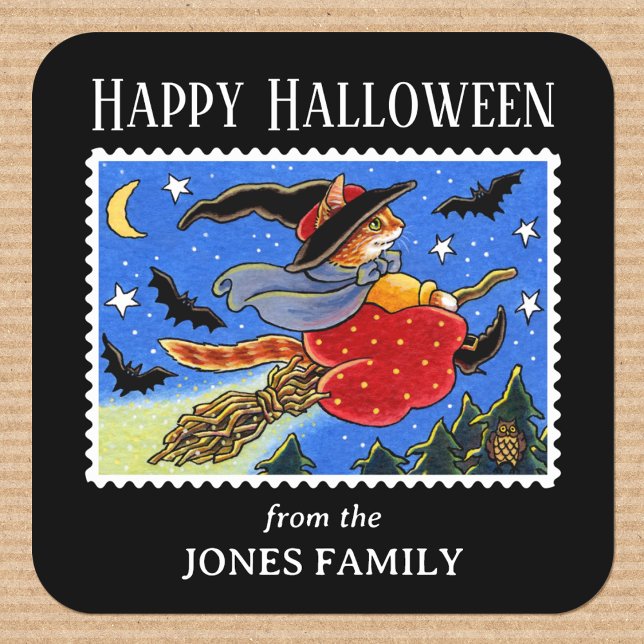 Sticker Carré Amusante Halloween Chat Sorcière chauves-souris Br (Créateur téléchargé)