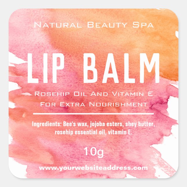 Sticker Carré Amusants rose orange Aquarelle Lip Balm Tube Étiqu (Devant)