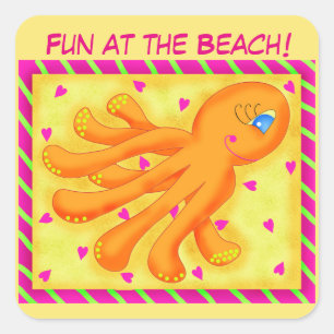 Sticker Carré Amusement au poulpe fantaisie de plage