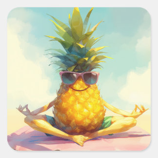 Sticker Carré Ananas au Yoga amusant