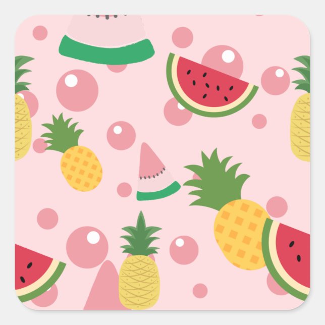 Sticker Carré Ananas et pastèque Fruit rose (Devant)