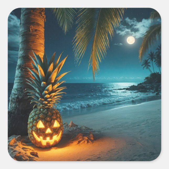 Sticker Carré Ananas Jack-o-lanterne Sur Une Plage (Devant)