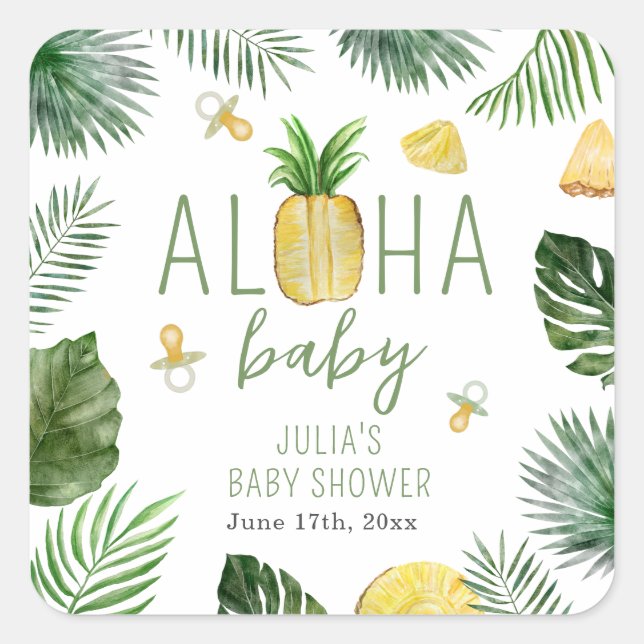 Sticker Carré Ananas & Pacificateurs Aloha Baby shower vert (Devant)