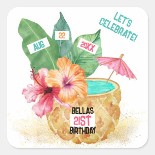 Sticker Carré Ananas Palmier Hibiscus Cocktail Tropical Annivers