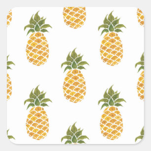 Sticker Carré Ananas peint à la main, arrière - plan aquarelle.