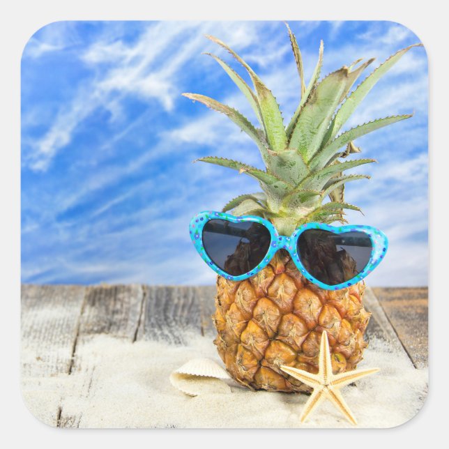 Sticker Carré ananas tropical avec lunettes de soleil (Devant)