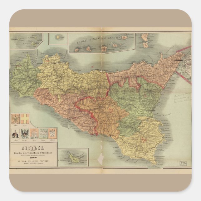 Sticker Carré Ancienne carte de la Sicile de 1900 (Sicilia carta (Devant)