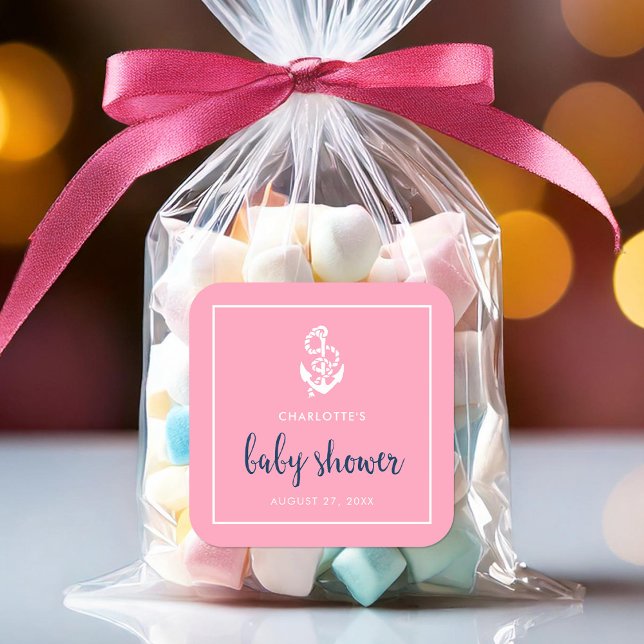 Sticker Carré Ancre Baby shower de script rose et bleu (Créateur téléchargé)