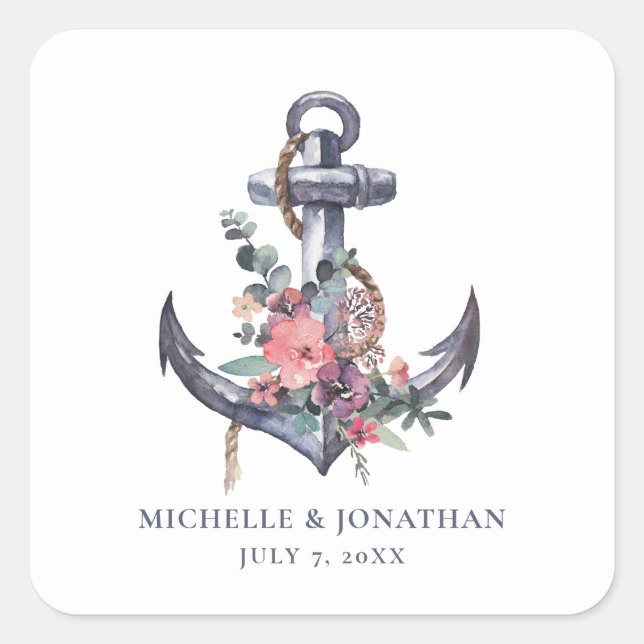 Sticker Carré Ancre florale nautique Mariage cadeau Favoriser sa (Devant)