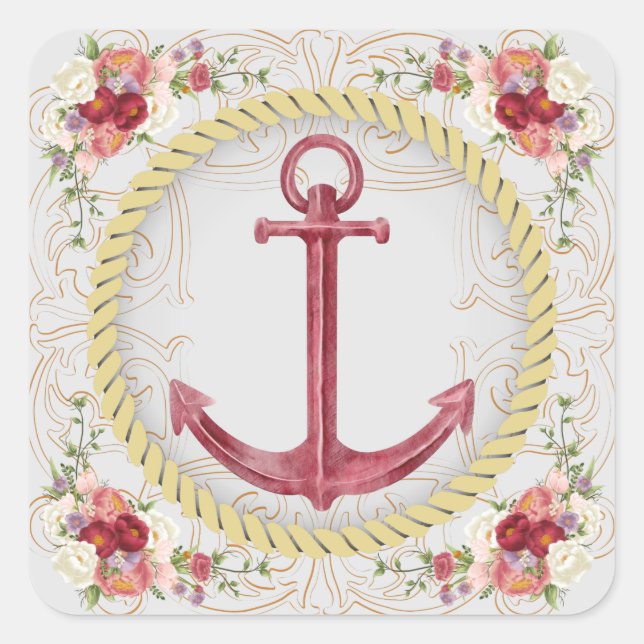 Sticker Carré Ancre nautique et roseate floral (Devant)