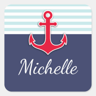 Sticker Carré Ancre rouge rayée de la marine moderne personnalis