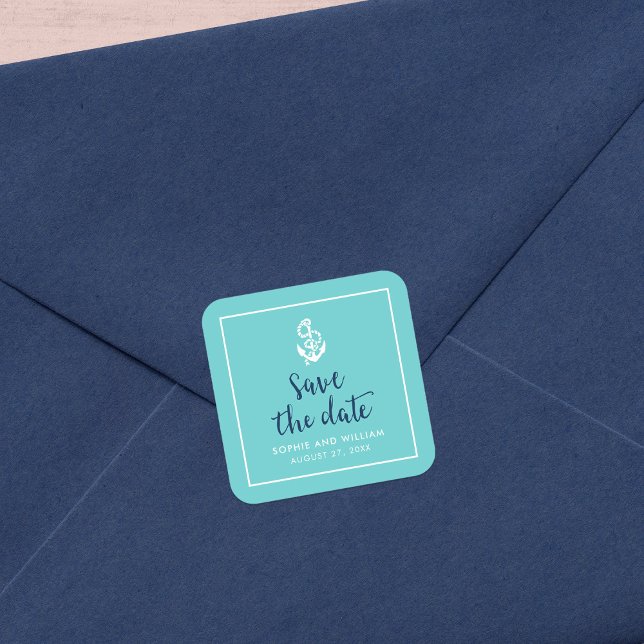 Sticker Carré Ancre turquoise et écriture bleue Save the Date (Créateur téléchargé)