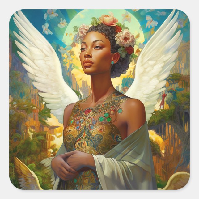 Sticker Carré Ange afro-américain déesse Imaginaire Art (Devant)
